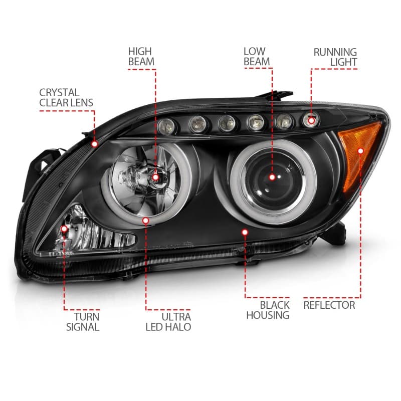 ANZO Projector Headlight Set for Chevy C6 Halo Clear Lens Black Housing Pair - Image 5