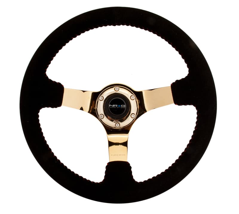 NRG Reinforced Steering Wheel 350mm 3in Deep Black Suede Red Stitch Chrome Go...