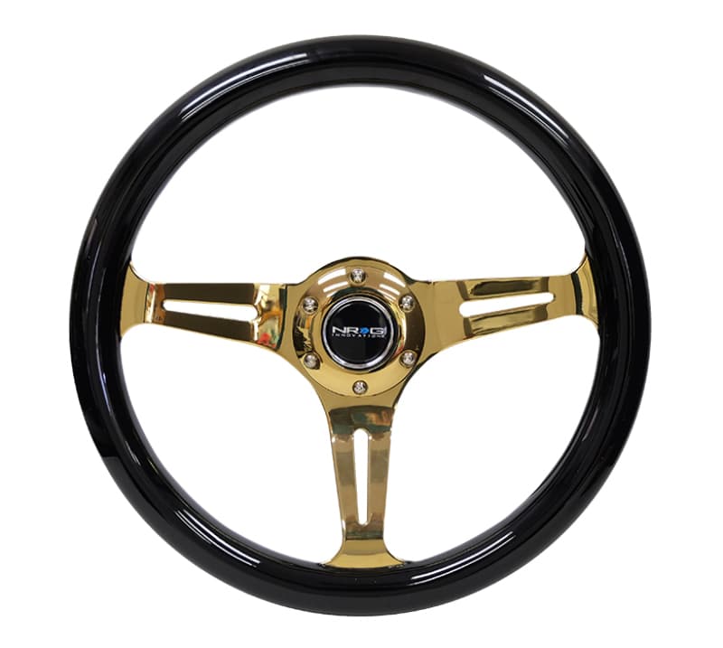 NRG Steering Wheel Classic Wood Grain 350mm Black Grip Chrome Gold 3-Spoke