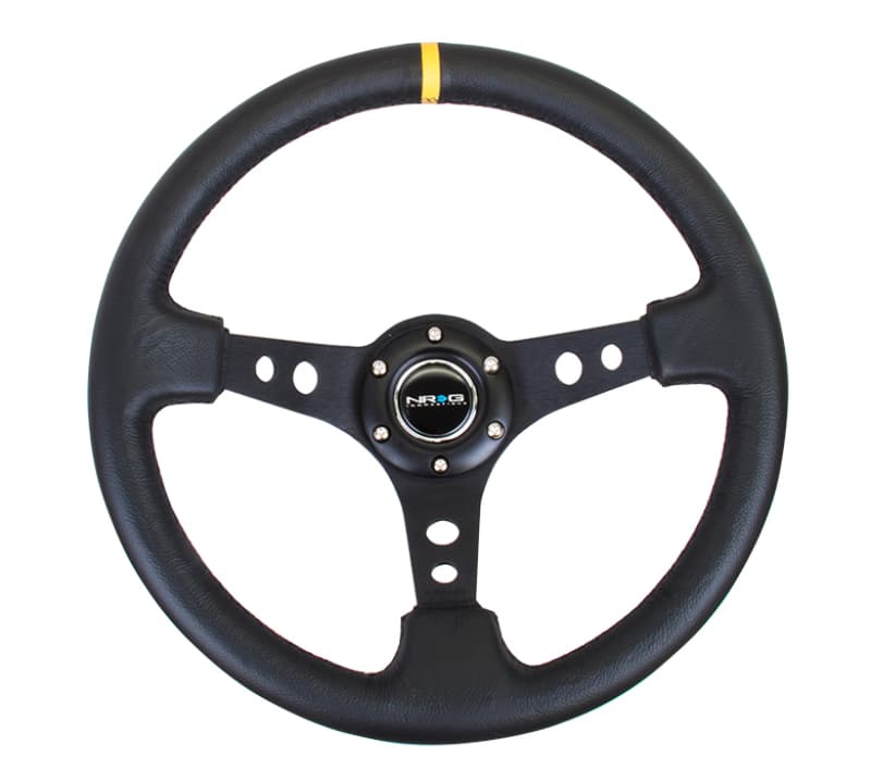 NRG Reinforced Steering Wheel 350mm 3in Deep Black Leather Yellow Center Mark - Image 4