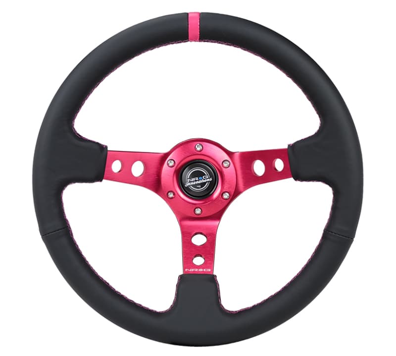NRG Reinforced Steering Wheel 350mm Black Leather Fushia Center Mark Stitching