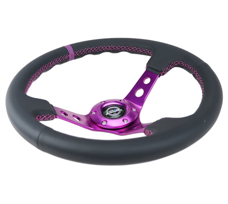 NRG Reinforced Steering Wheel 350mm 3in Deep Black Leather Purple Stitching - Image 3