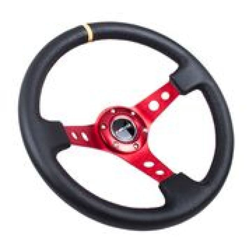 NRG Reinforced Steering Wheel 350mm 3in Deep Black Leather Red Spokes - Image 2