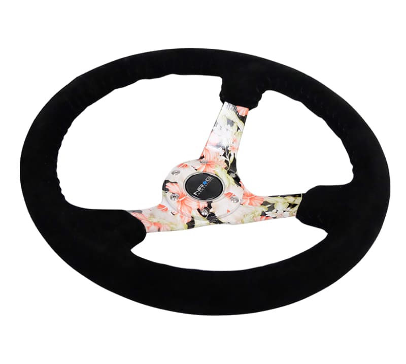 NRG Reinforced Steering Wheel 350mm 3in Deep Black Suede Floral Dipped - Image 3