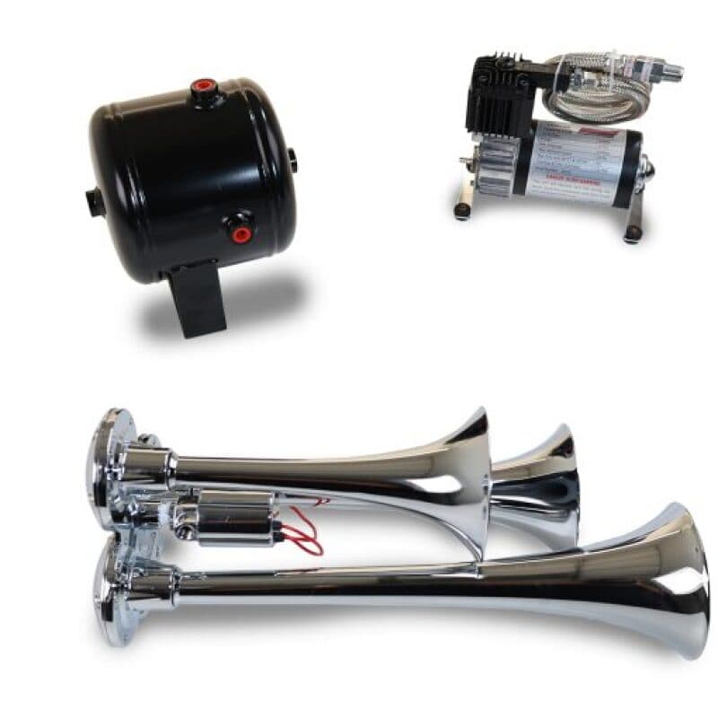Kleinn Air Horns Triple Air Horns Compact Chrome 3-Tone with 130 PSI Compressor - Image 2
