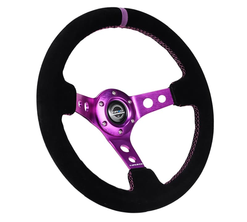 NRG Reinforced Steering Wheel 350mm 3in Deep Black Suede Purple Stitching - Image 2