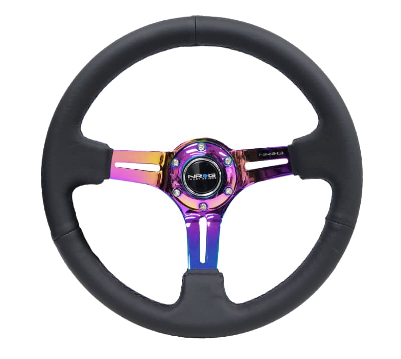 NRG Reinforced Steering Wheel 350mm 3in Deep Black Leather Black Stitch