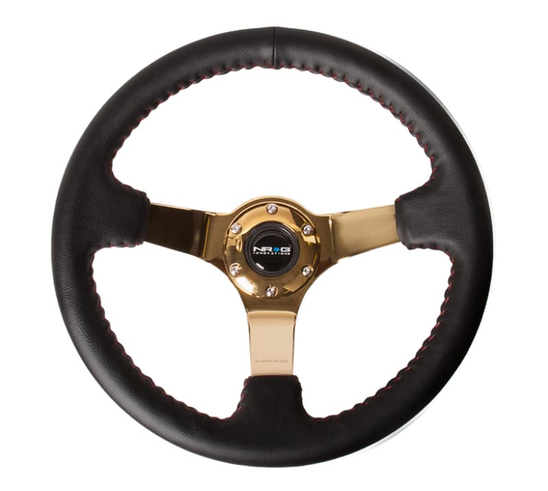 NRG Reinforced Steering Wheel 350mm 3in Deep Black Leather Red Stitch 4mm Gol...