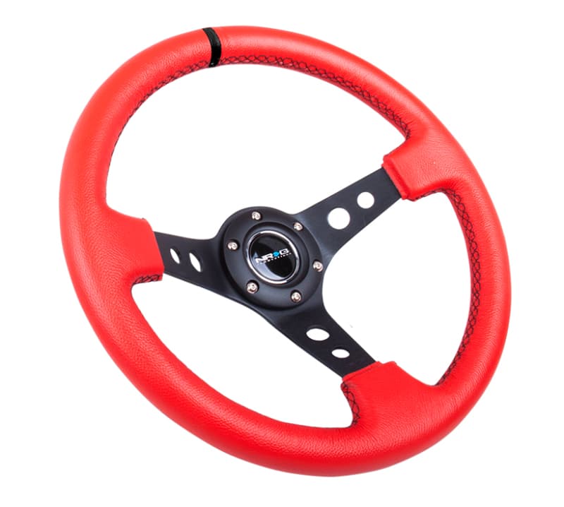 NRG Reinforced Steering Wheel 350mm 3in Deep Red Suede Black Cutout Spokes - Image 2