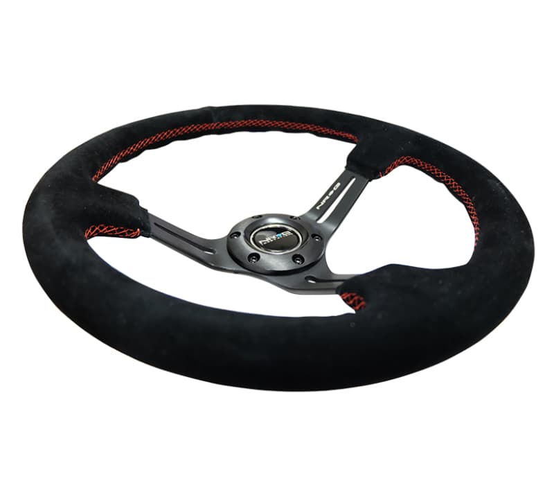 NRG Reinforced Steering Wheel 350mm 3in Deep Black Suede Red Stitching - Image 3