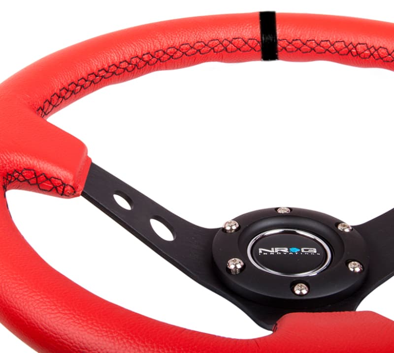 NRG Reinforced Steering Wheel 350mm 3in Deep Red Suede Black Cutout Spokes - Image 4