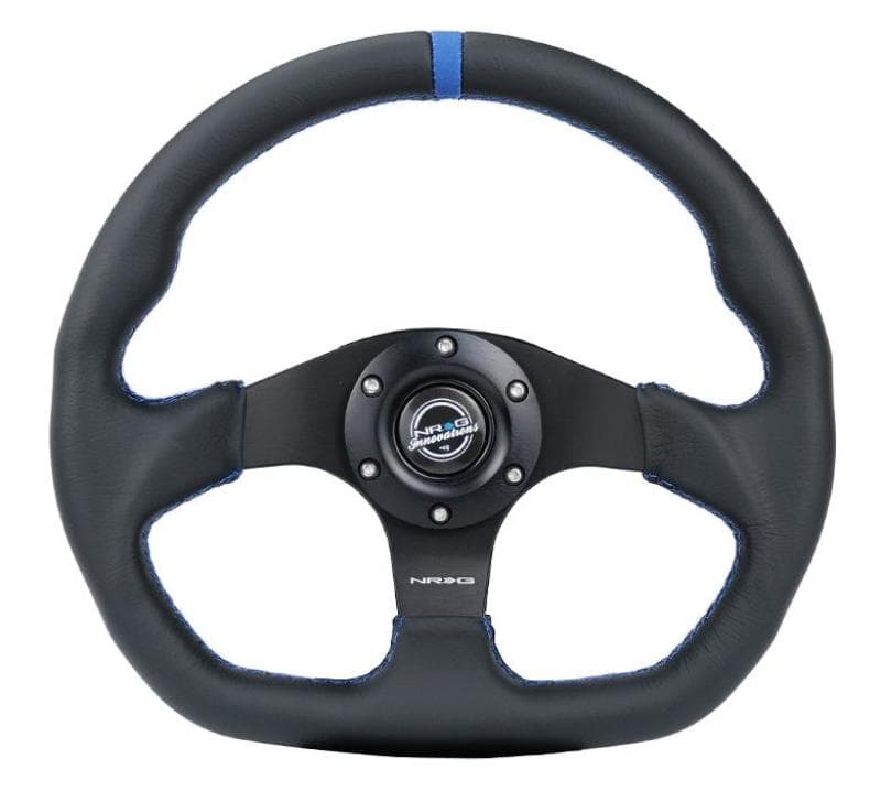 NRG Reinforced Steering Wheel 320mm Flat Bottom Sport Leather Blue Stitching