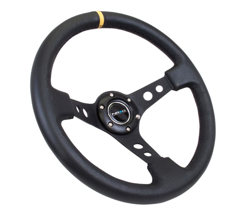 NRG Reinforced Steering Wheel 350mm 3in Deep Black Leather Yellow Center Mark - Image 2