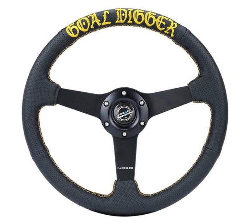 NRG Sport Steering Wheel 350mm 1.5in Deep Black Leather Gold Stitch