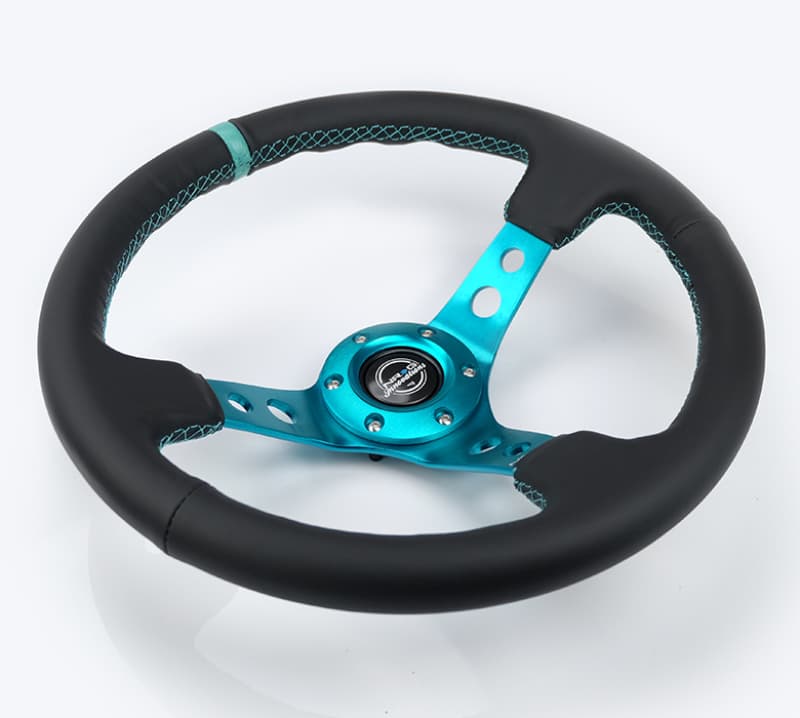 NRG Steering Wheel 350mm 3in Deep Black Leather Teal Center Mark for Reinforce - Image 3