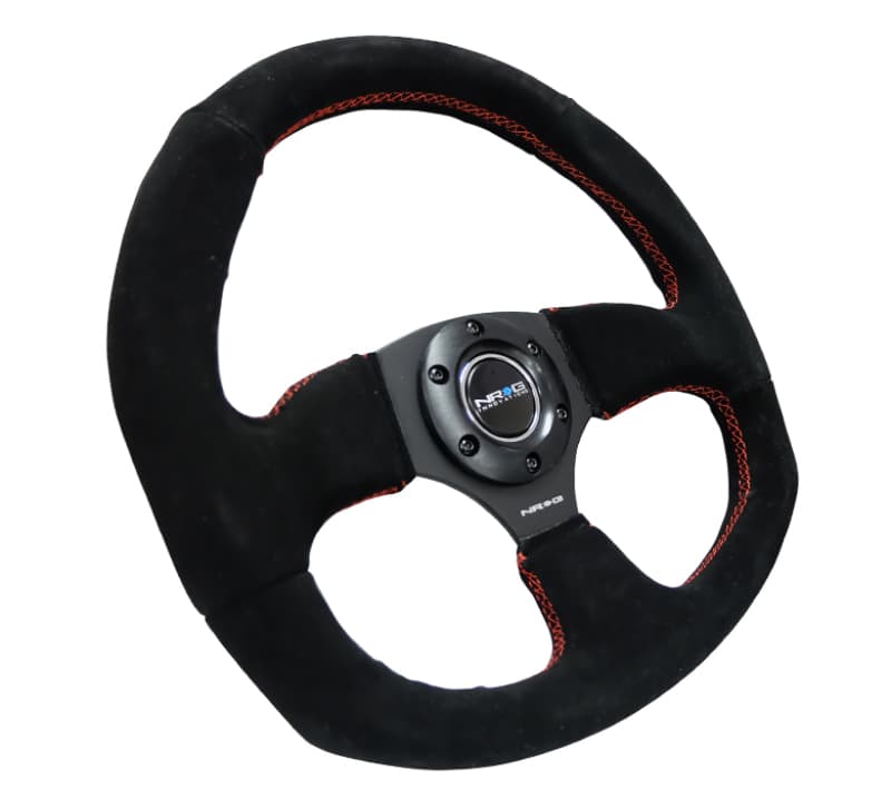 NRG Reinforced Steering Wheel 320mm Horizontal 330mm Vertical Suede Red Stitch - Image 5
