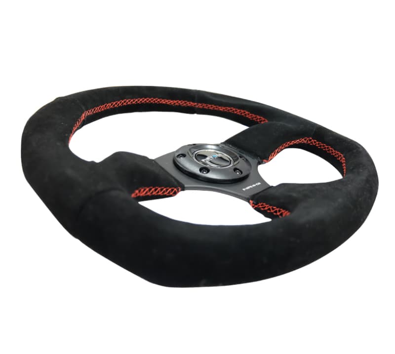 NRG Reinforced Steering Wheel 320mm Horizontal 330mm Vertical Suede Red Stitch - Image 3