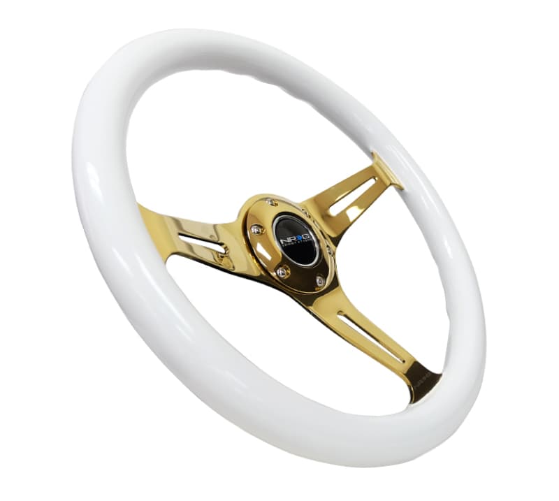 NRG Steering Wheel Classic Wood Grain 350mm White Grip Chrome Gold 3-Spoke - Image 2