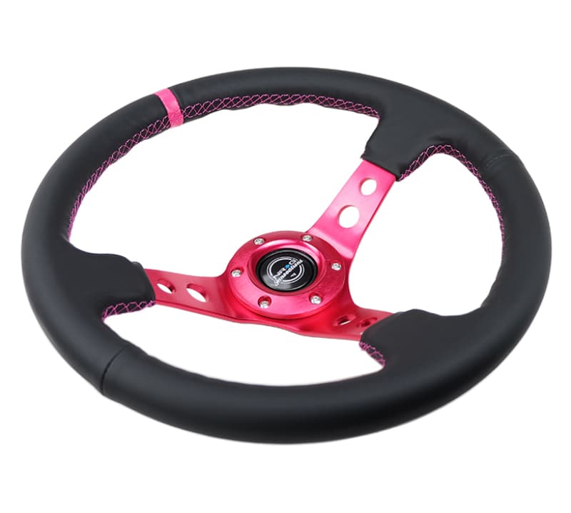 NRG Reinforced Steering Wheel 350mm Black Leather Fushia Center Mark Stitching - Image 3