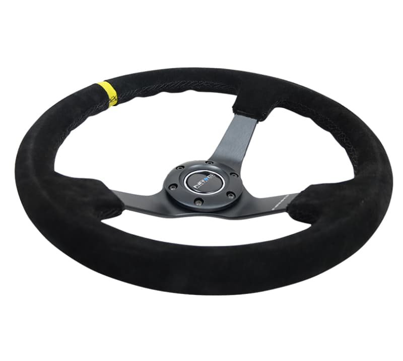 NRG Reinforced Steering Wheel 350mm 3in Deep Black Suede Yellow Stitch - Image 5