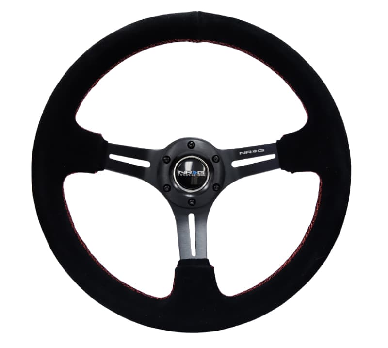 NRG Reinforced Steering Wheel 350mm 3in Deep Black Suede Red Stitching