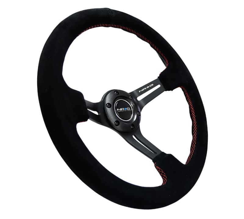 NRG Reinforced Steering Wheel 350mm 3in Deep Black Suede Red Stitching - Image 2