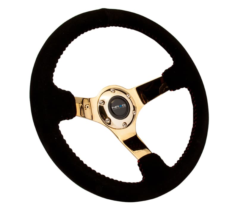NRG Reinforced Steering Wheel 350mm 3in Deep Black Suede Red Stitch Chrome Go... - Image 2