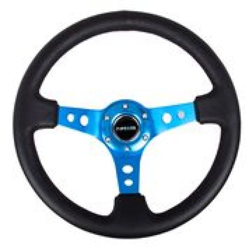 NRG Reinforced Steering Wheel 350mm 3in Deep Black Leather Blue Circle Cutout... - Image 2