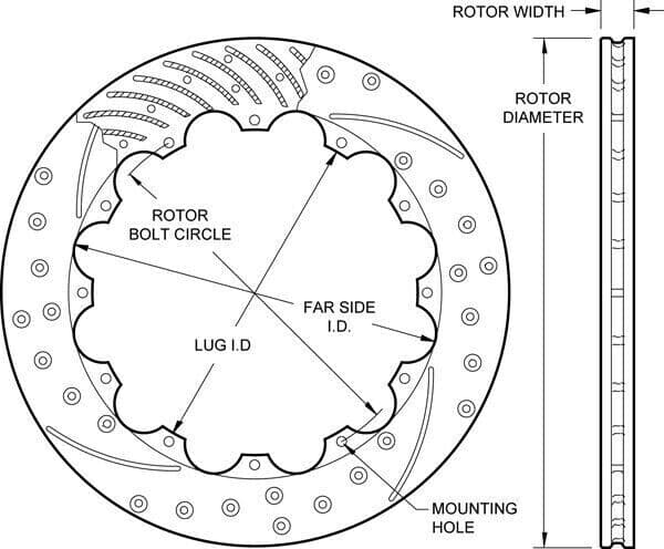 Wilwood SRP Drilled Performance Rotors 355mm Cross Drill & Slot Pattern - Image 2